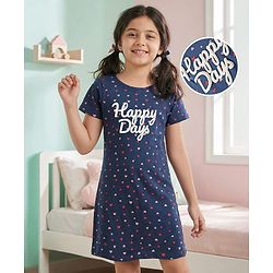 Pine Kids Single Jersey Knit Half Sleeves Night with Hearts & Text Puff Print - Navy Blue