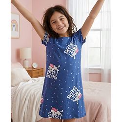 Pine Kids Single Jersey Knit Half Sleeves Nighty with Sweet Dreams Text Print - Navy Blue