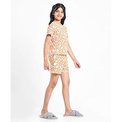 Pine Kids Single Jersey Knit Half Sleeves Shorts Night Suit With Hearts Print - White