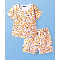 Pine Kids Single Jersey Knit Half Sleeves Shorts Night Suit With Hearts Print - White