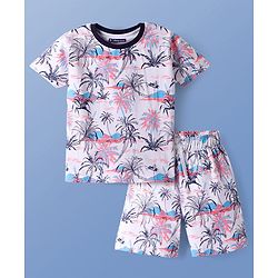 Pine Kids Single Jersey Knit Half Sleeves Shorts Set with Beach Theme Print - White