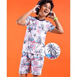 Pine Kids Single Jersey Knit Half Sleeves Shorts Set with Beach Theme Print - White