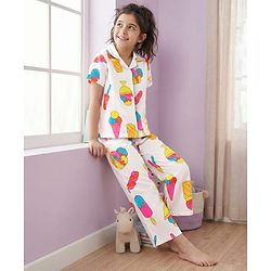 Pine Kids Cotton Knit Half Sleeves Co-Ord Capri Night Suit with Ice -Cream Print - White