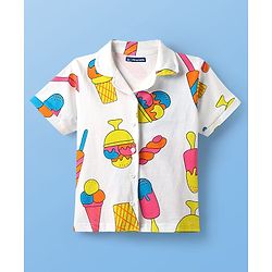Pine Kids Cotton Knit Half Sleeves Co-Ord Capri Night Suit with Ice -Cream Print - White