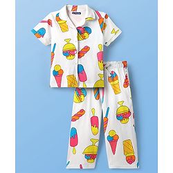 Pine Kids Cotton Knit Half Sleeves Co-Ord Capri Night Suit with Ice -Cream Print - White
