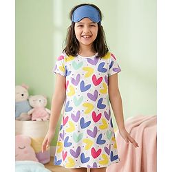 Pine Kids Single Jersey Knit Half Sleeves Nighty with Heart Print - White