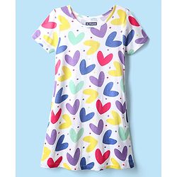 Pine Kids Single Jersey Knit Half Sleeves Nighty with Heart Print - White