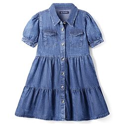 Pine Kids Cotton Woven Puffed Sleeves Front Open Collar Neck Fit and Flare Shirt Dress - Blue
