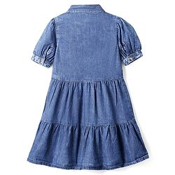 Pine Kids Cotton Woven Puffed Sleeves Front Open Collar Neck Fit and Flare Shirt Dress - Blue