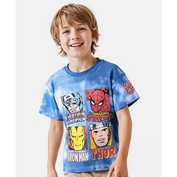 Pine Kids Marvel  Cotton Knit Half Sleeves Oversized & Drop Shoulder T-Shirt With Front & Back Avengers Graphics & Tie Dye Effect -  Blue