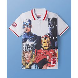 Pine Kids Marvel Cotton Knit Half Sleeves Polo T-Shirt With Avengers Graphics - White
