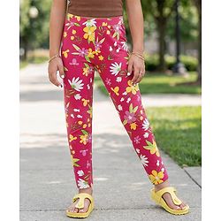 Pine Kids Cotton Lycra Knit Full Length Legging With Floral Print - Dark Pink