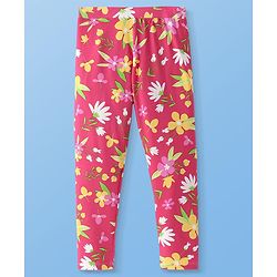 Pine Kids Cotton Lycra Knit Full Length Legging With Floral Print - Dark Pink