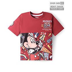 Pine Kids Disney Cotton Knit Cut & Sew Half Sleeve Oversized Drop Shoulder T-Shirt With Mickey Mouse Graphics & Badge Detailing - Red