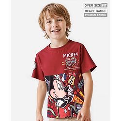 Pine Kids Disney Cotton Knit Cut & Sew Half Sleeve Oversized Drop Shoulder T-Shirt With Mickey Mouse Graphics & Badge Detailing - Red