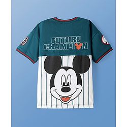Pine Kids Disney Cotton Knit Cut & Sew Half Sleeves T-Shirt with Front & Back Mickey Mouse Graphic & Badge Detailing - Teal Blue & White