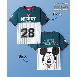 Pine Kids Disney Cotton Knit Cut & Sew Half Sleeves T-Shirt with Front & Back Mickey Mouse Graphic & Badge Detailing - Teal Blue & White