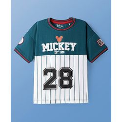 Pine Kids Disney Cotton Knit Cut & Sew Half Sleeves T-Shirt with Front & Back Mickey Mouse Graphic & Badge Detailing - Teal Blue & White