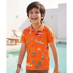 Pine Kids Cotton Knit Half Sleeves Polo T-Shirt with Beach Theme Print - Orange