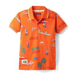 Pine Kids Cotton Knit Half Sleeves Polo T-Shirt with Beach Theme Print - Orange