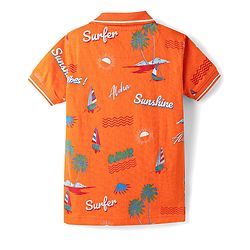 Pine Kids Cotton Knit Half Sleeves Polo T-Shirt with Beach Theme Print - Orange