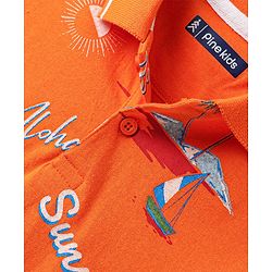 Pine Kids Cotton Knit Half Sleeves Polo T-Shirt with Beach Theme Print - Orange