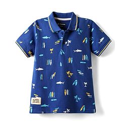 Pine Kids Cotton Knit Half Sleeves Polo T-Shirt with Nautical Theme Print - Navy Blue