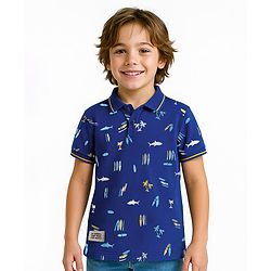 Pine Kids Cotton Knit Half Sleeves Polo T-Shirt with Nautical Theme Print - Navy Blue