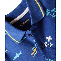 Pine Kids Cotton Knit Half Sleeves Polo T-Shirt with Nautical Theme Print - Navy Blue