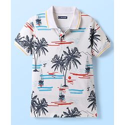 Pine Kids Cotton Knit Half Sleeves Polo T-Shirt with Beach Theme Print - White