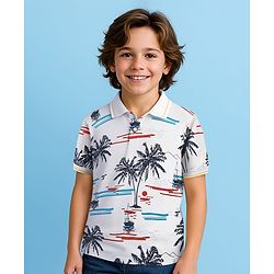 Pine Kids Cotton Knit Half Sleeves Polo T-Shirt with Beach Theme Print - White
