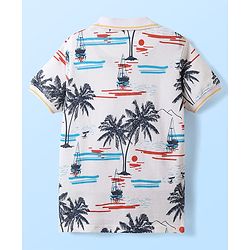 Pine Kids Cotton Knit Half Sleeves Polo T-Shirt with Beach Theme Print - White