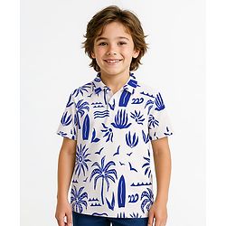 Pine Kids Cotton Knit Half Sleeves Polo T-Shirt with Beach Theme Print - White & Blue