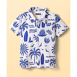 Pine Kids Cotton Knit Half Sleeves Polo T-Shirt with Beach Theme Print - White & Blue