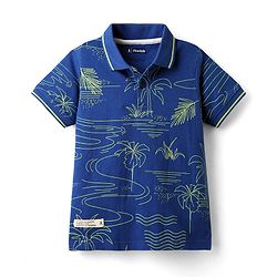 Pine Kids Cotton Knit Half Sleeves Polo T-Shirt with Beach Theme Print - Navy Blue