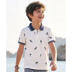 Pine Kids Cotton Knit Half Sleeves Polo T-Shirt with Beach Theme Print - White