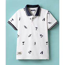 Pine Kids Cotton Knit Half Sleeves Polo T-Shirt with Beach Theme Print - White