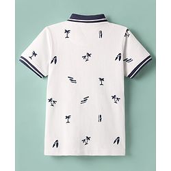 Pine Kids Cotton Knit Half Sleeves Polo T-Shirt with Beach Theme Print - White