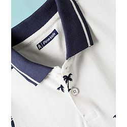 Pine Kids Cotton Knit Half Sleeves Polo T-Shirt with Beach Theme Print - White