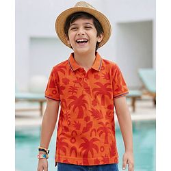 Pine Kids Cotton Knit Half Sleeves Polo T-Shirt with Tropical Print - Orange