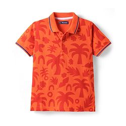 Pine Kids Cotton Knit Half Sleeves Polo T-Shirt with Tropical Print - Orange