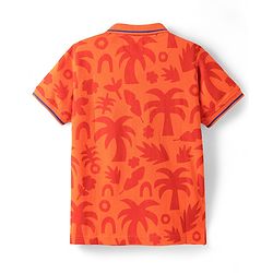 Pine Kids Cotton Knit Half Sleeves Polo T-Shirt with Tropical Print - Orange