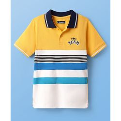 Pine Kids Cotton Knit Half Sleeves Cut & Sew Polo T-Shirt with Team Text Embroidery - Yellow