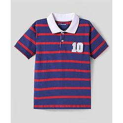 Pine Kids Cotton Knit Half Sleeves Polo T-Shirt with Stripes & Number Patch - Navy Blue