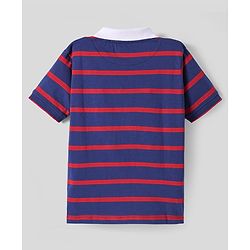 Pine Kids Cotton Knit Half Sleeves Polo T-Shirt with Stripes & Number Patch - Navy Blue