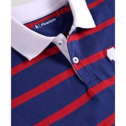Pine Kids Cotton Knit Half Sleeves Polo T-Shirt with Stripes & Number Patch - Navy Blue
