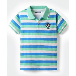 Pine Kids Cotton Knit Half Sleeves Striped Polo T-Shirt - Sea Green & Light Blue