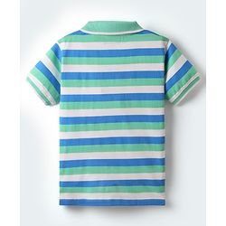 Pine Kids Cotton Knit Half Sleeves Striped Polo T-Shirt - Sea Green & Light Blue