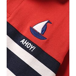 Pine Kids Cotton Knit Half Sleeves Cut & Sew Polo T-Shirt with Ahoy Text Embroidery - Red