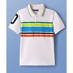 Pine Kids Cotton Knit Half Sleeves Polo T-Shirt with Stripes & Number Print - White & Blue